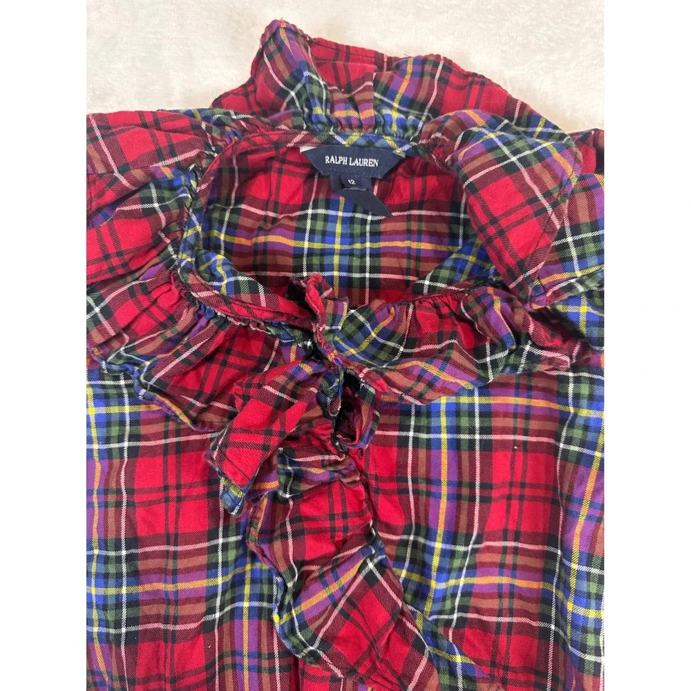 Ralph‎ Lauren Plaid Ruffle Blouse 12 Red Tartan Smocked Puff Sleeve Girls
